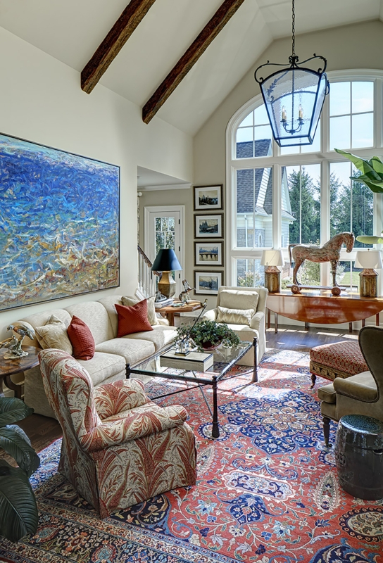 Living Room Symmetrical Layout Deep Teal Drapery Traditional
