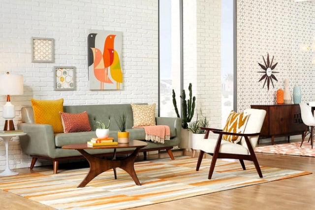 Living Room with Black Lounge Chair, Textured Cream Rug & Wood Furniture.
