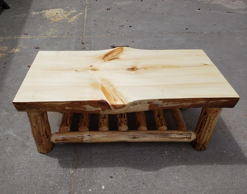 Lodge Coffee Table Live Edge Slab Top with Log Base
