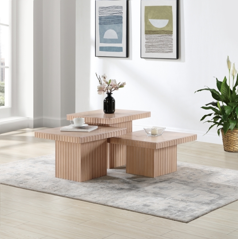 Lounge Around. 54" Mix of Solid Rubberwood and MDF Fluted Base and Edges 3  Piece Coffee Table