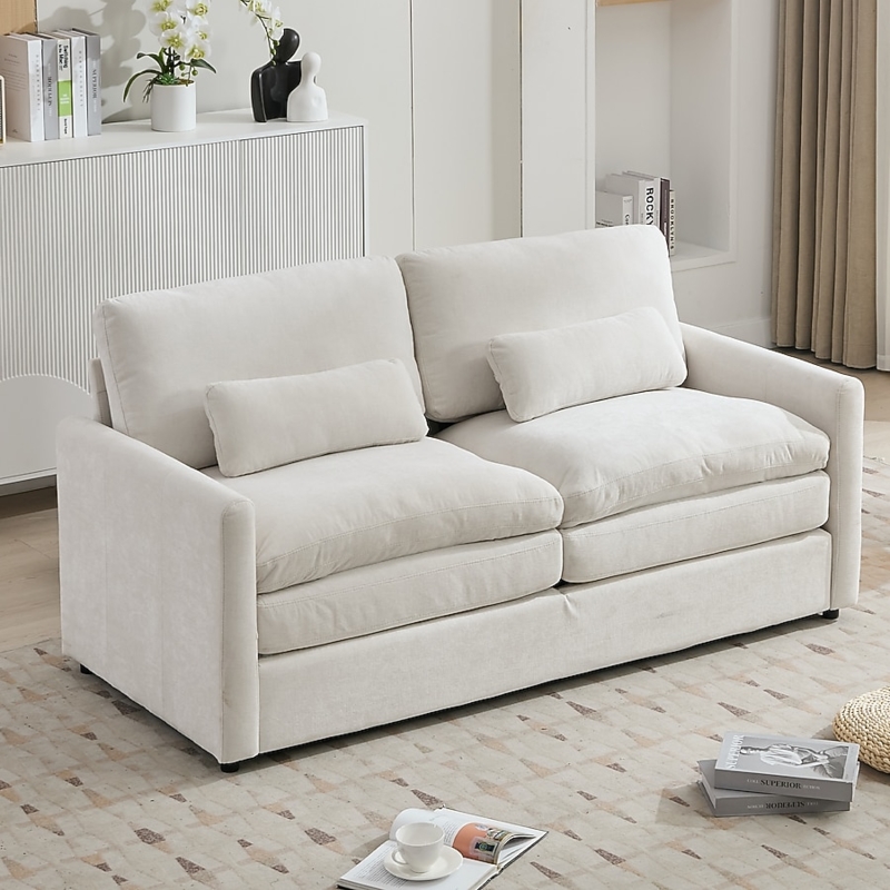 Loveseat, Beige Cloud Style, Low Profile Plush Cushions Minimalist
