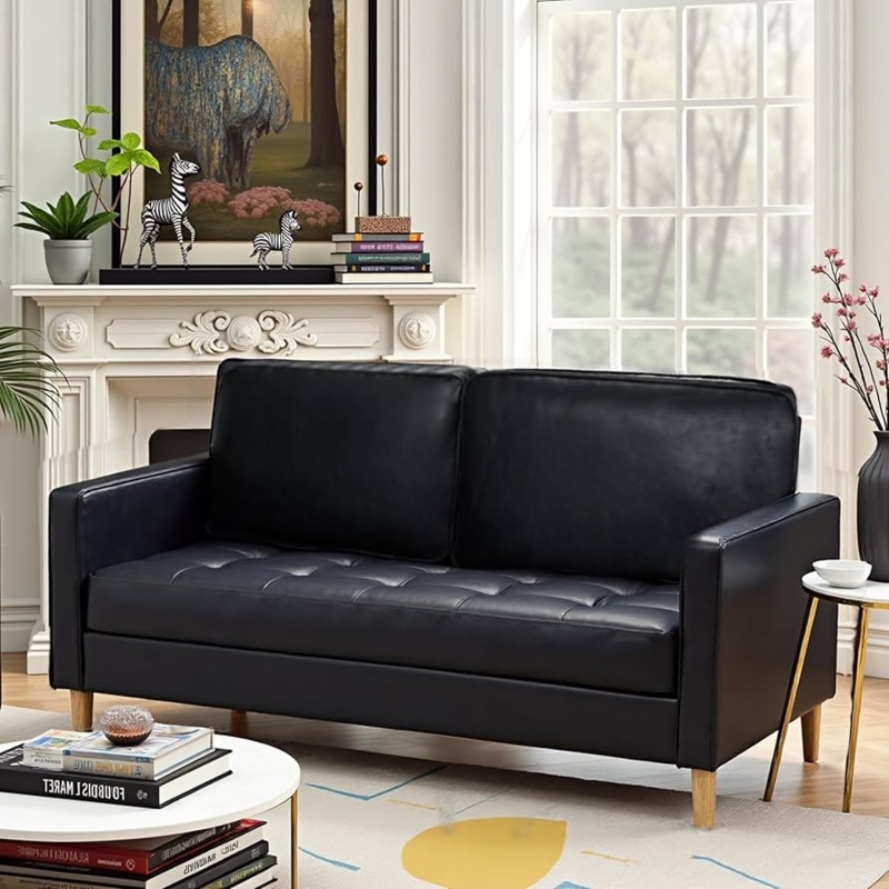 Loveseat Black Leather-Like Mid-Century Button Tufted Tapered Legs