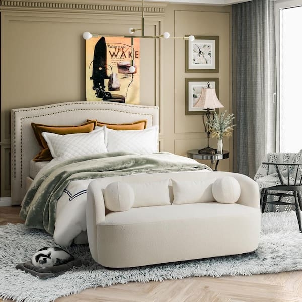 Loveseat Black Metal Legs Compact Width Minimalist Beige Boucle Loveseat