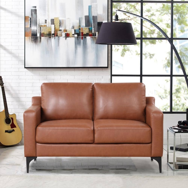 Loveseat, Boxy Silhouette, Leather-Like, Tapered Legs, Mid-Century Modern