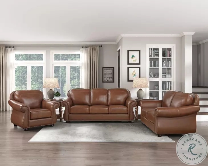 Loveseat Brown Leather Biscuit Tufting Track Arms Tapered Legs