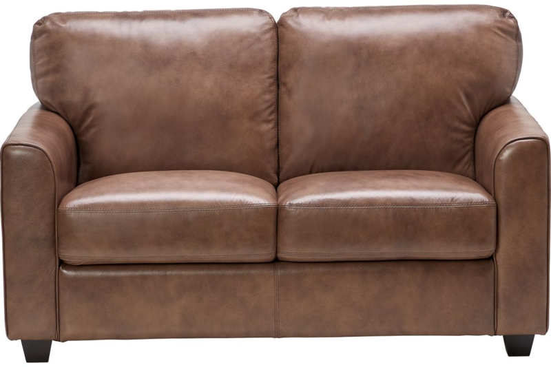 Loveseat Brown Leather-Like Two-Over-Two Rolled Arms Nailhead Trim