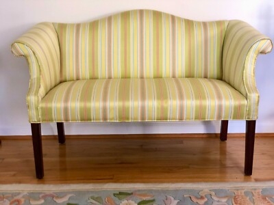 Loveseat Camel Back Ivory Damask H Stretcher Chippendale Style