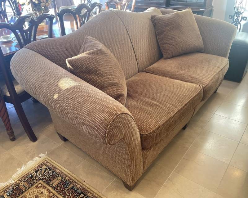 Loveseat Camelback Green Geometric Tapered Legs Exposed Wood Base