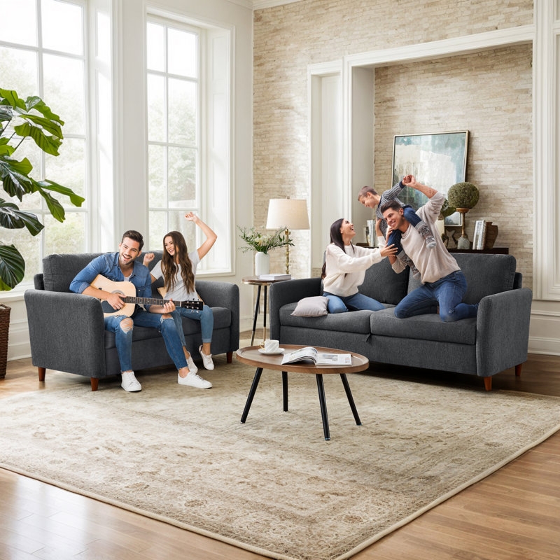 Loveseat Contemporary Flared Arm Linen-Like Dark Gray Black Feet