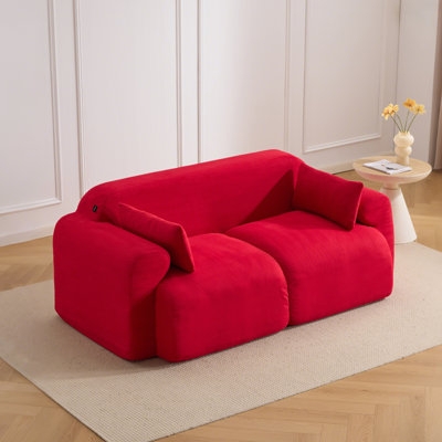 Loveseat: Cozy Red Corduroy Loveseat, Vibrant Red Ribbed Surface Low Profile