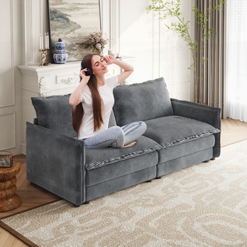 Loveseat, Cream Wide Wale Corduroy, Blocky Silhouette Square Arms