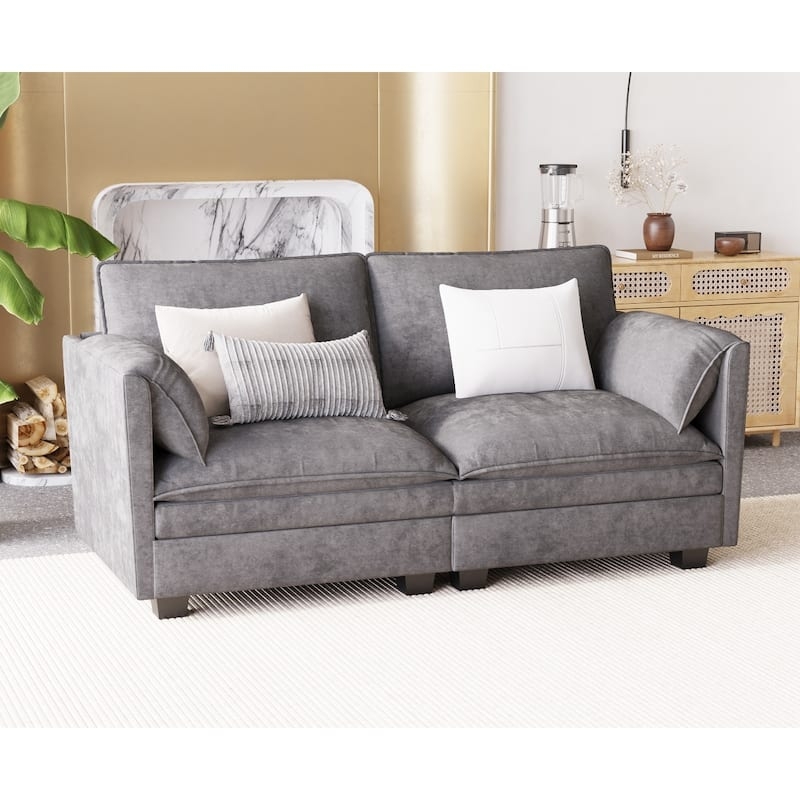 Loveseat Cream Woven Fabric Deep Seating Pillow Top Arms Small Space Design