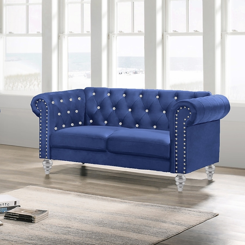Loveseat Crystal Tufted Royal Blue Velvet Glam Living Room Seating