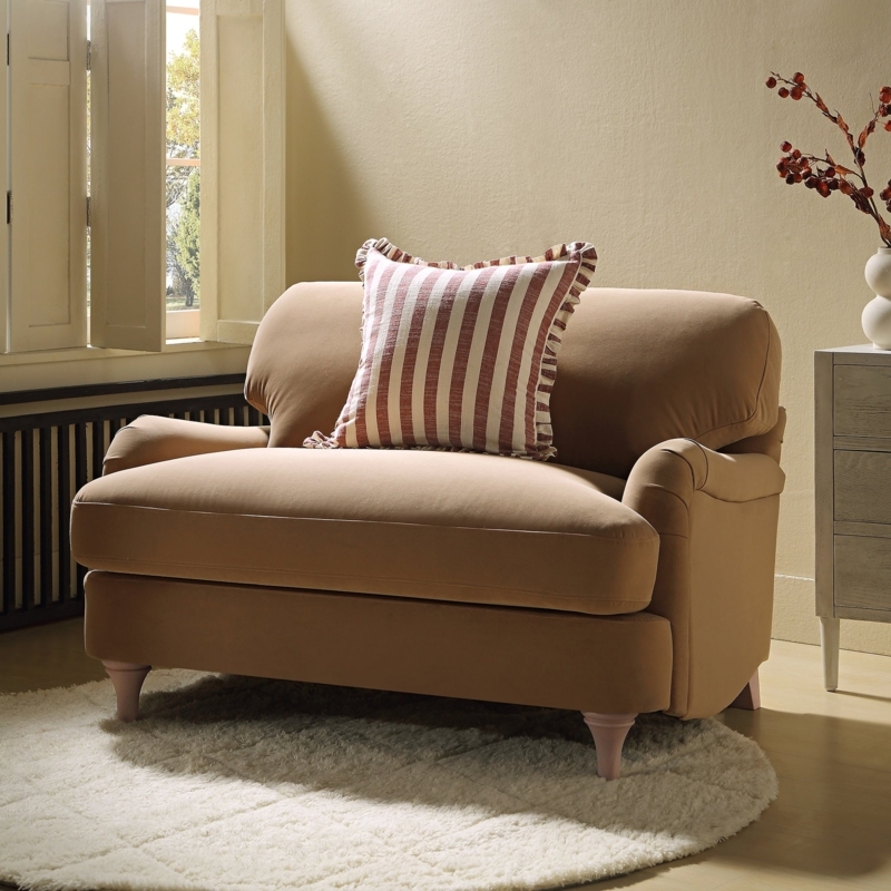 Loveseat Curved Silhouette, Camel Velvet, Channel Tufted Sofa Design