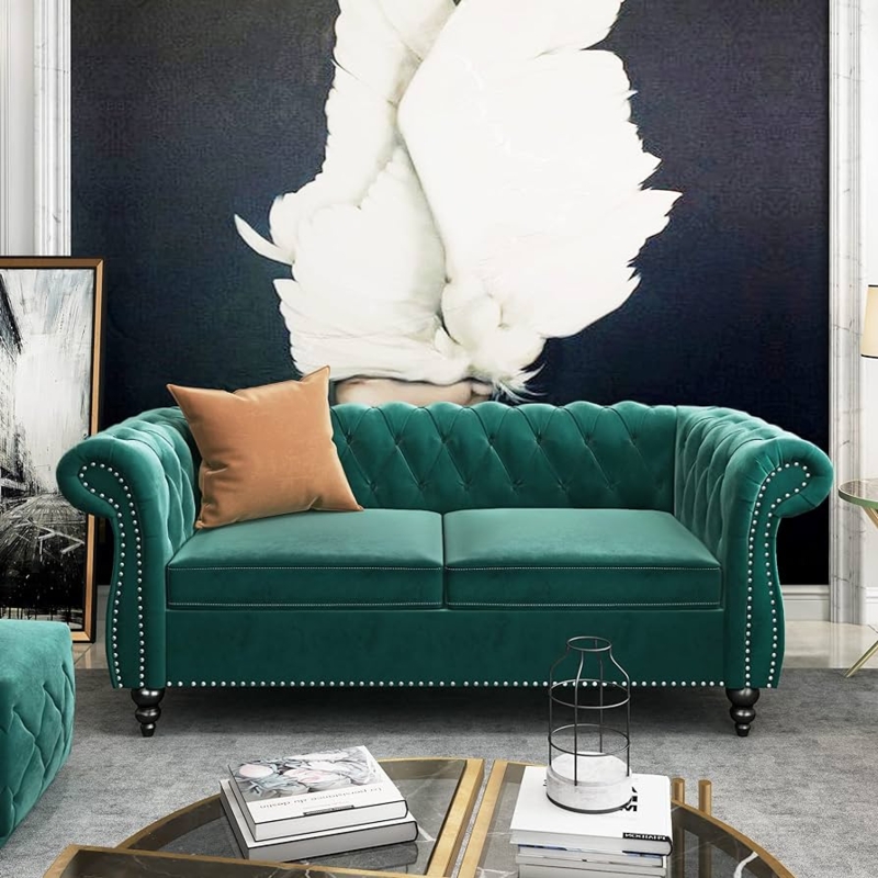Loveseat Emerald Velvet Scrolled Arms Nailhead Trim glam style