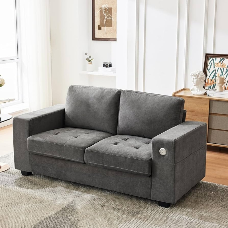 Loveseat featuring Wide Armrests and Low Profile Wood Base