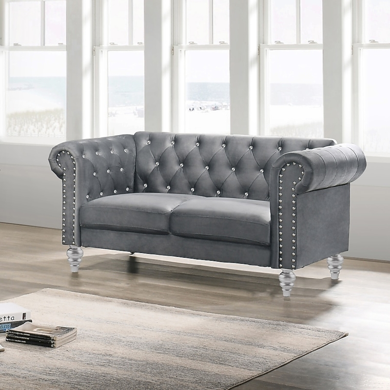 Loveseat Gray Velvet Channel Tufted Gold Tapered Legs Glam Style