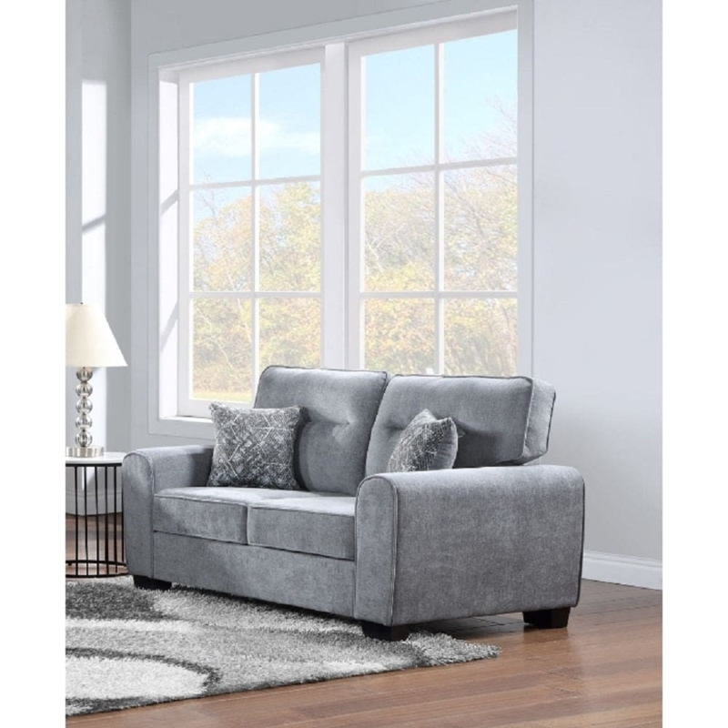 Loveseat Gray Woven Texture Rolled Arms Button Tufted Elegant Seating