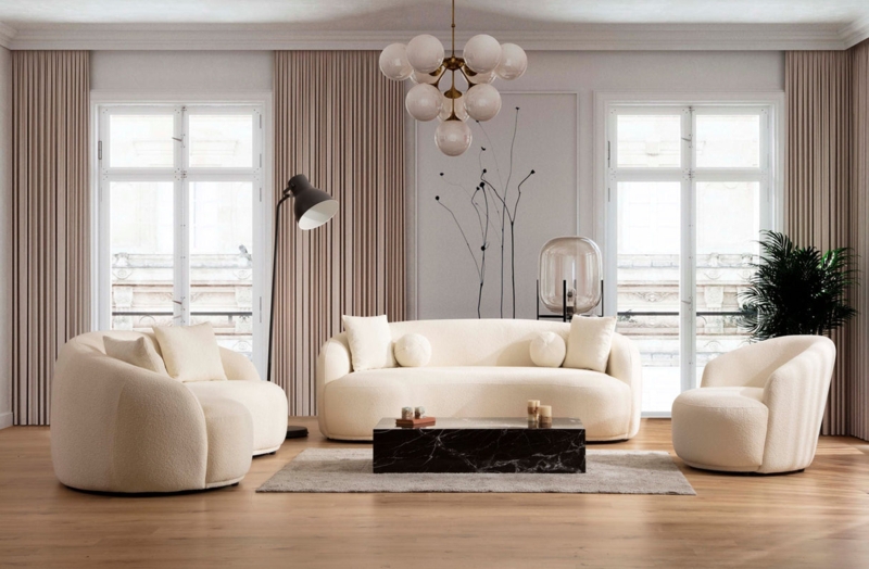 Loveseat in Boucle Upholstery with Gold Stiletto Legs for Small Spaces
