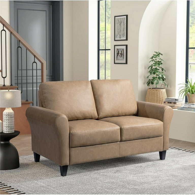 Loveseat in Chocolate Brown Fabric, Rolled Arms, Tapered Legs Transitional