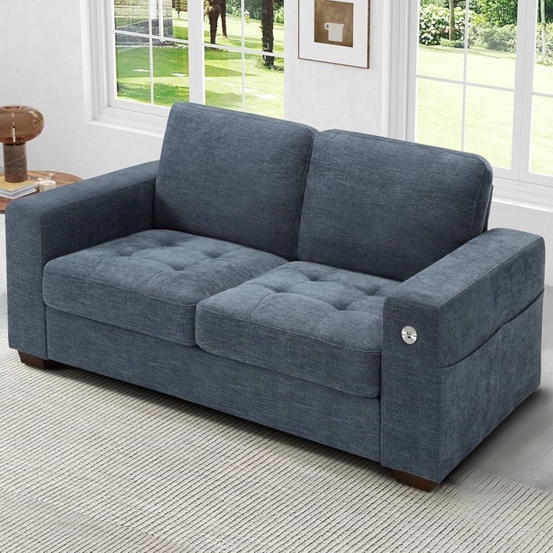 Loveseat in Cream Chenille Texture with USB Charging Port