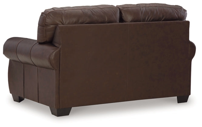 Loveseat in Espresso Leather-Like Finish with Rolled Arms and Block Feet