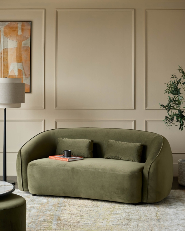 Loveseat in Olive Green Velvet with Channel Tufting and Gold Legs