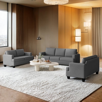 Loveseat Light Gray Minimalist Silhouette Linen-Like Block Feet
