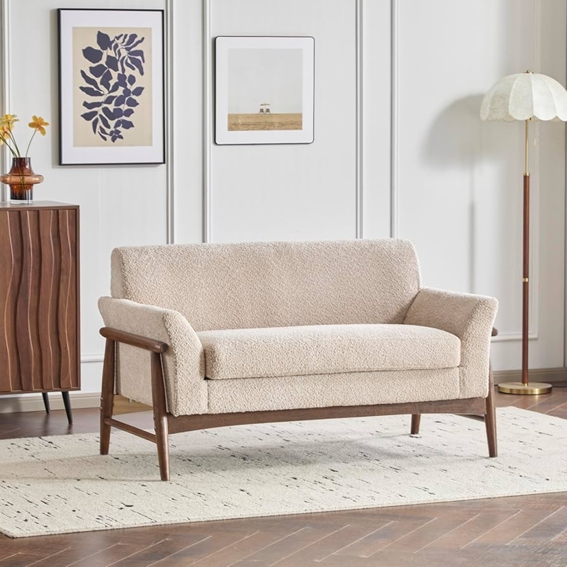 Loveseat Mid-Century Boucle Flared Arms Walnut Frame Accent