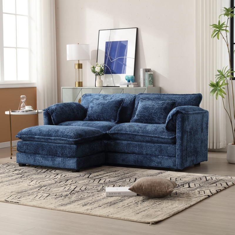 Loveseat Navy Blue Chenille Side Pockets Matching Ottoman Oversized