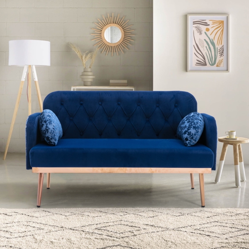 Loveseat Navy Velvet Gold Metal Legs Button Tufted Bolster Pillows