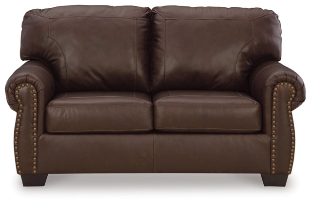 Loveseat on Bun Feet, Dark Brown Leather-Like with Rolled Arms Timeless