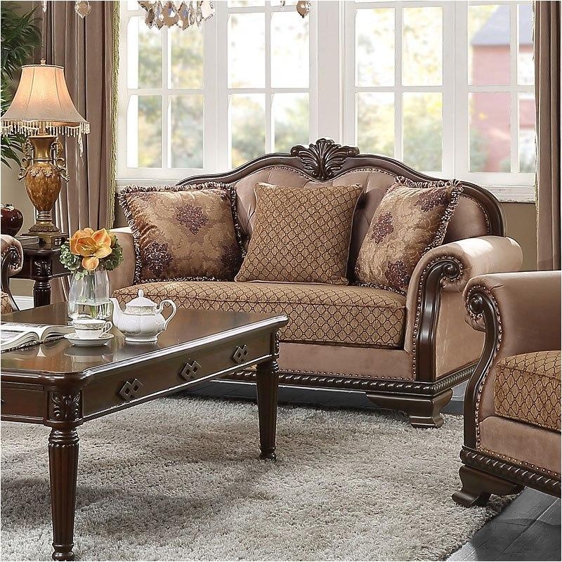Loveseat Ornate Carved Wood Espresso Arched Back Damask Fabric