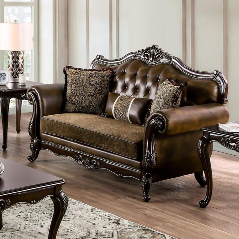 Loveseat, Ornate Carved Wood, Mixed Media Paisley & Leather-Like, Tufted