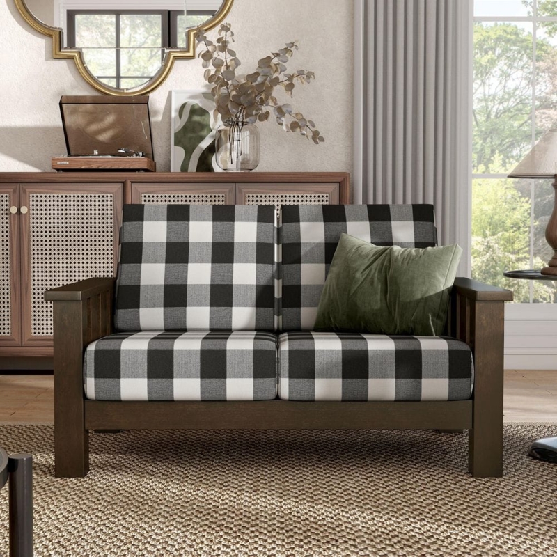 Loveseat Plaid Upholstery Rustic Seating Dark Walnut Exposed Wood
