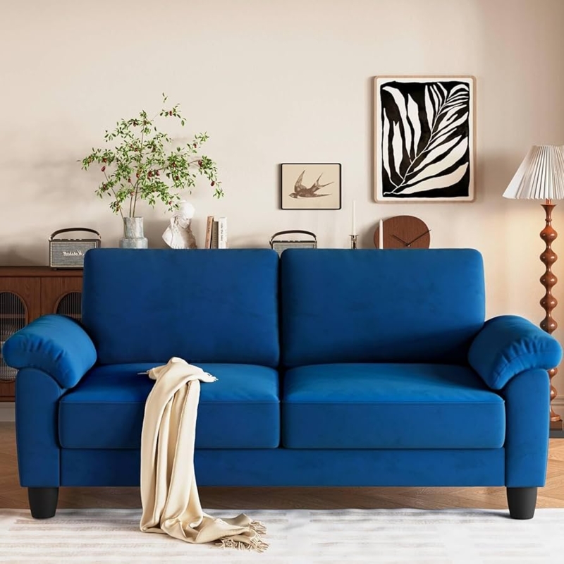 Loveseat Side Storage Pocket Vibrant Blue Velvet Mid Century Modern Style