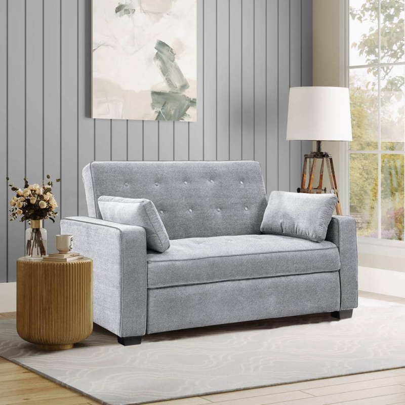 Loveseat Sofa Bed Light Grey Grid Tufted Tapered Legs Mid Century
