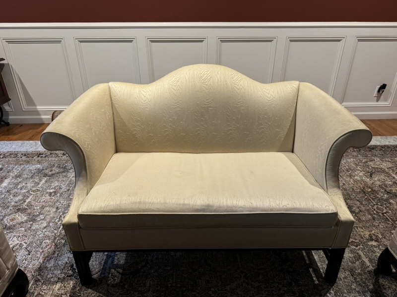 Loveseat Sofa Camelback Cream Scrolled Arms H Stretcher Chippendale