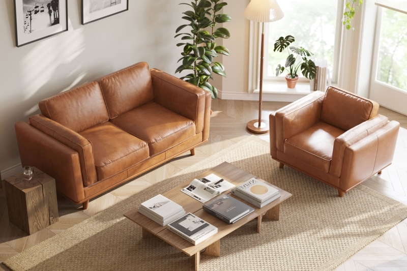 Loveseat Sofa Cognac Leather Loose Back Cushions Track Arms Modern