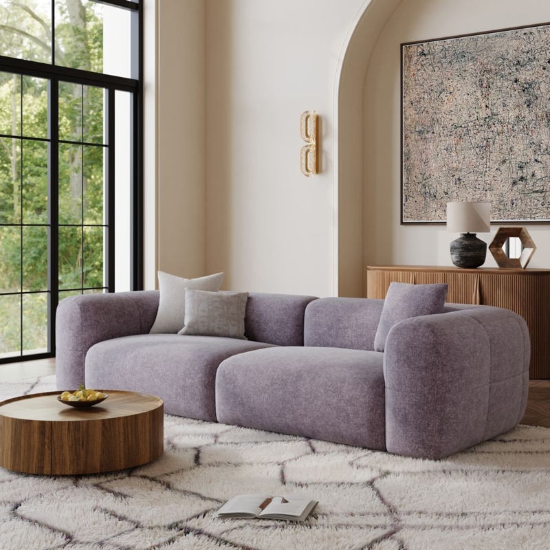 Loveseat Sofa Cream Ribbed Chenille Curved Silhouette Plinth Base