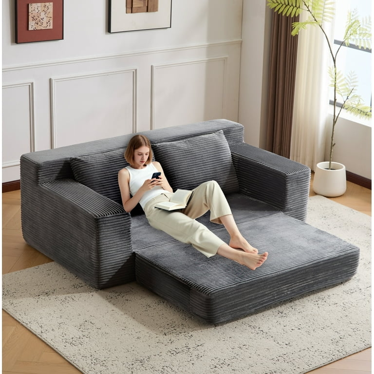 Loveseat Sofa, Gray Corduroy Fabric, Low Profile Silhouette Ribbed