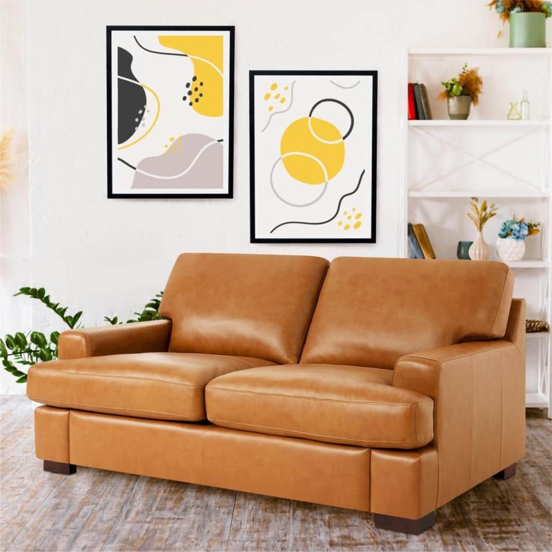 Loveseat Sofa Modern Tan Leather-Like Track Arms Block Legs