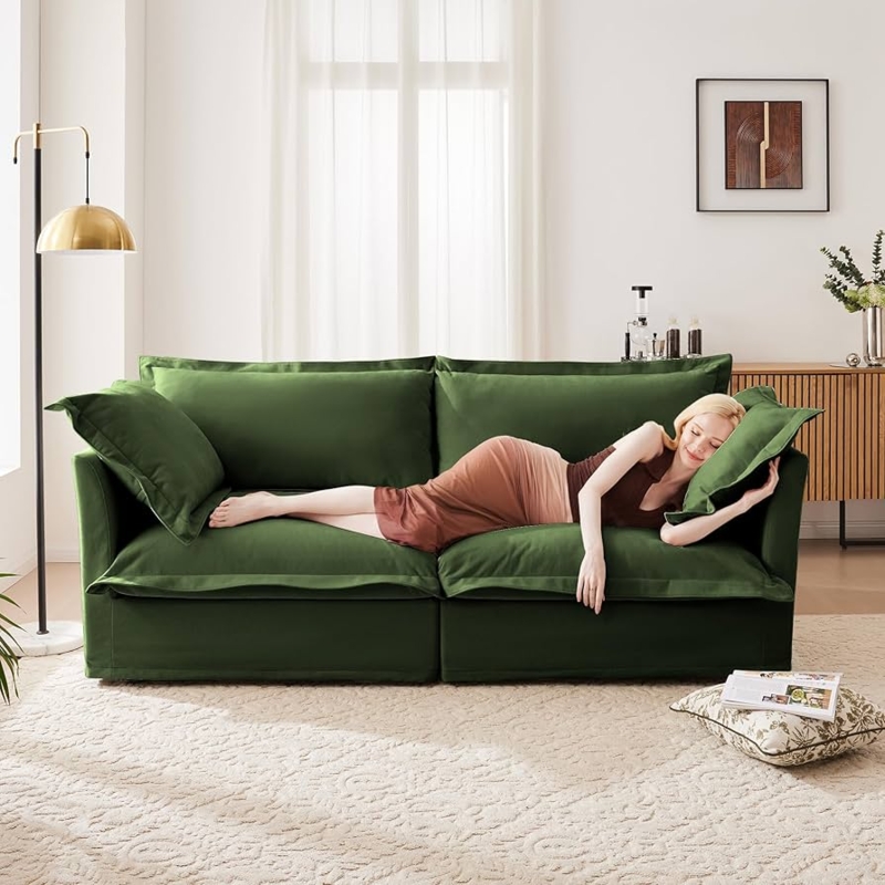 Loveseat Sofa Sage Green Chenille Oversized Arms Minimalist Living Room