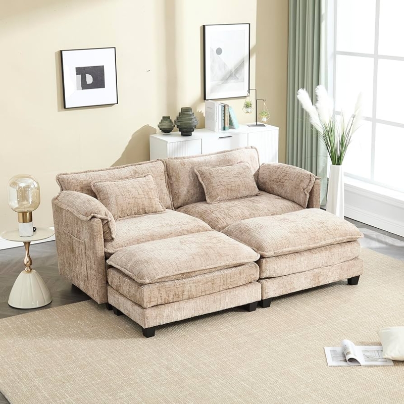 Loveseat Sofa with Side Pockets, Modular Sofa with Ottomans