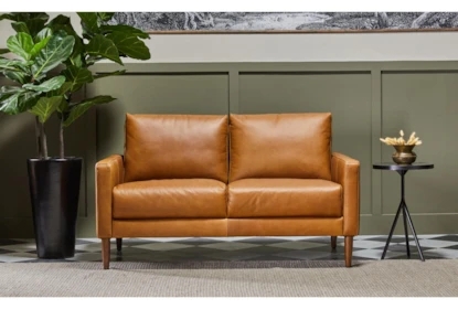 Loveseat Track Arms Cognac Leather Block Feet Modern Living Room