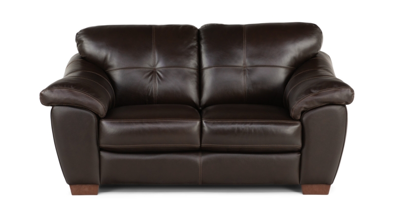 Loveseat Traditional Brown Leather-Like Boxed Cushions Nailhead Trim
