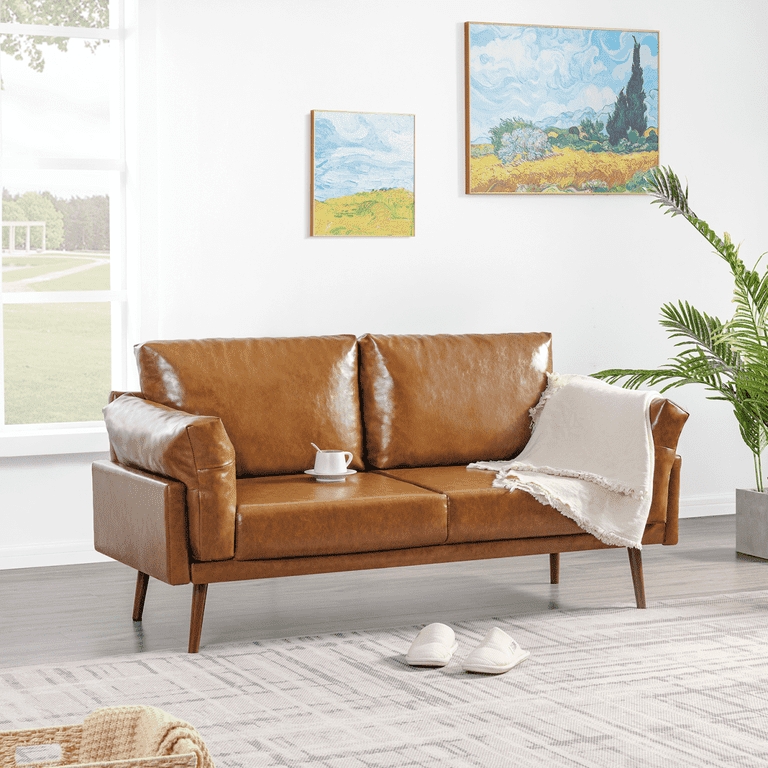 Loveseat, Tuxedo Silhouette, Caramel Leather-Like, Bolster Pillows Modern