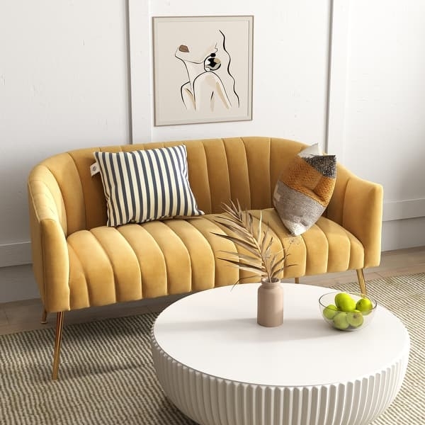 Loveseat Vertical Channel Tufting Gold Legs Elegant Cream Tufted Sofa