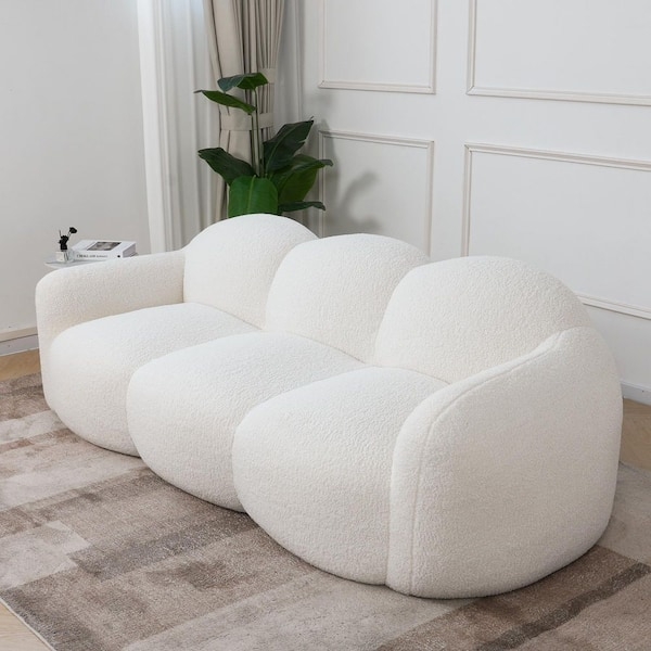 Loveseat, White Boucle Texture, Block Tufted Low Profile Modern