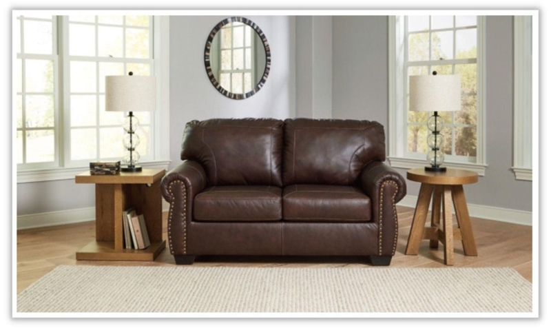Loveseat With Rolled Arms, Dark Brown Leather-Like, Topstitching Details